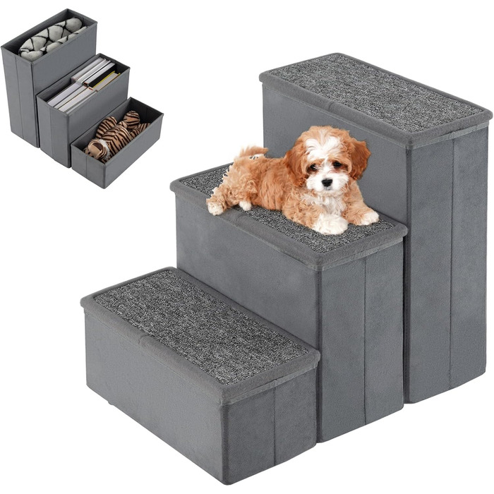 Сходи для собак SOARS, складані, з місцем для зберігання, неслизькі, до 50 кг, для котів та собак, під ліжко/диван (сірий, 3 сходи, 38 x 51 x 45 см)