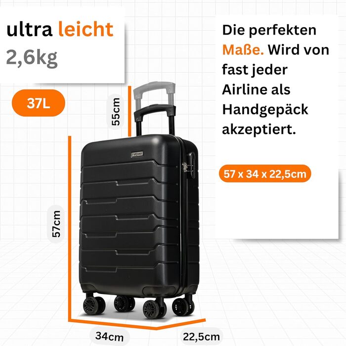 Чемодан NOWI Bergamo: водостійкий, 8 коліс, 360°, телескопічна ручка, повне внутрішнє оздоблення (M, Чорний полунічний)