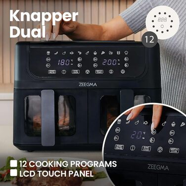 Фритюрниця з гарячим повітрям ZEEGMA KNAPPER DUAL, 1700 Вт, 2 відсіки, 9 л, таймер 60 хв, 11 програм, 60-200 °C, швидкий нагрів, сенсорне керування, чорний