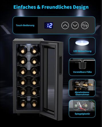 WIE 33 Liter Wine Fridge - 1 Zone, 12 Bottle Capacity, Mini Wine Cooler with Glass Door & LED Touch Panel, Anti-UV