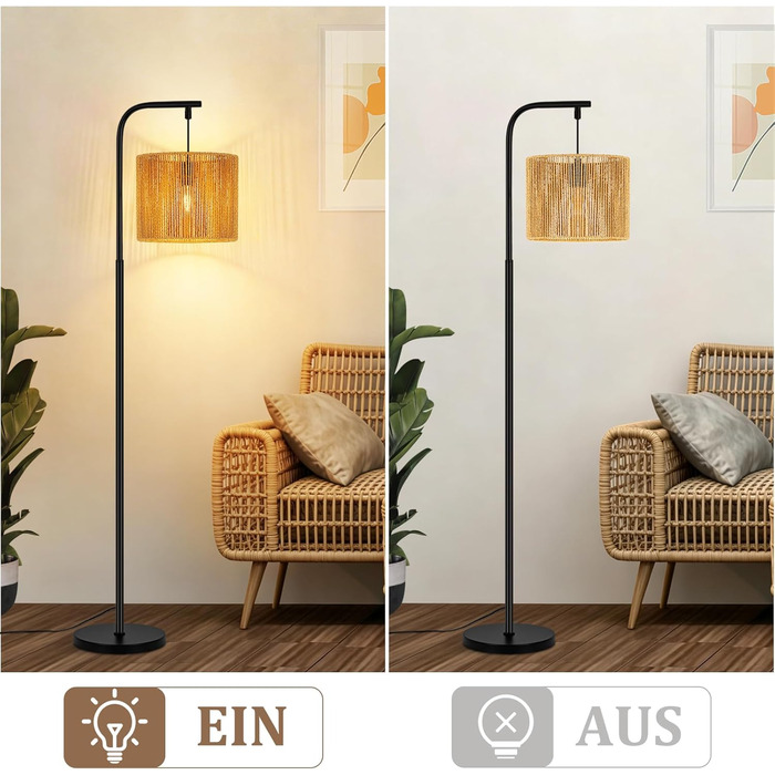 Торшер Rattan Boho - Стильний торшер для вітальні E27 164 см, чорний, з ножним вимикачем. Торшер в спальню, на терасу, в офіс, циліндричний абажур