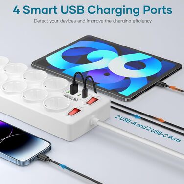 Многофункціональна мережева планка з USB, 11 розеток, вимикач, 2 USB-A та 2 USB-C порти, 4000W, 16A, 2 вимикачі, 2м кабель - білий
