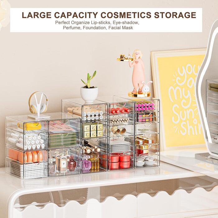 GoMaihe 3-Piece Drawer Boxes Desk: Acrylic Transparent Vanity Organizer | Make up Organizer with 15 Drawers | Desk Organizer for Home Office School