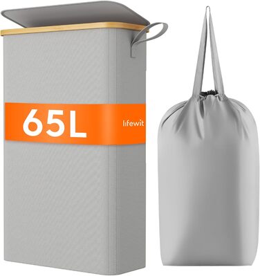 Кошик для білизни Lifewit 65 л, вузький, складаний з кришкою та мішком, бамбуковий, з ручкою, для квартири, гуртожитку та кемпера, сріблясто-сірий