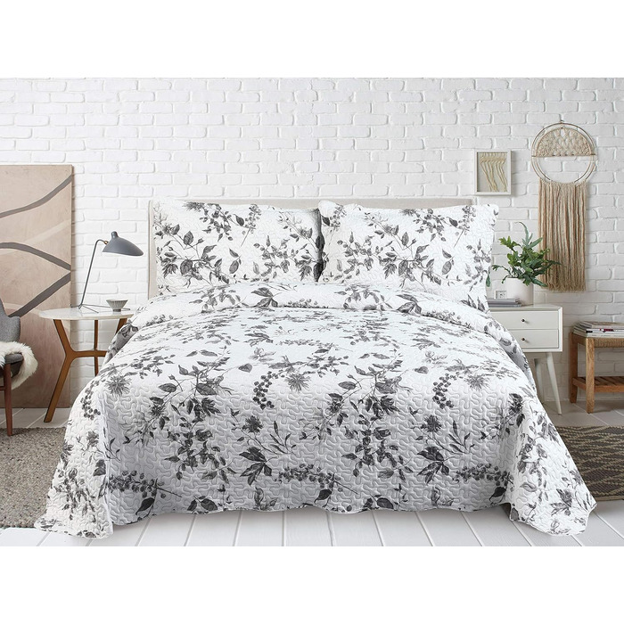 Набір постільної білизни Marina Decoration з ковдрою та двома наволочками, сірий візерунок хризантем, розмір King