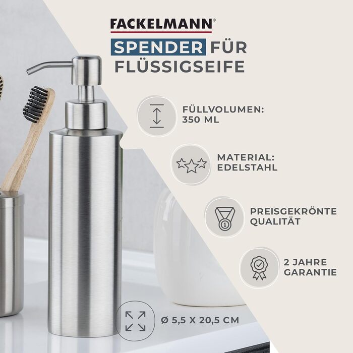 Fackelmann Soap Dispenser & Toothbrush Holder Tecno, liquid soap dispenser made of high-quality stainless steel, holder for 4 toothbrushes, high-quality toothbrush holder (color: matte silver), quantity: 1 x set of 2 (dispenser silver)