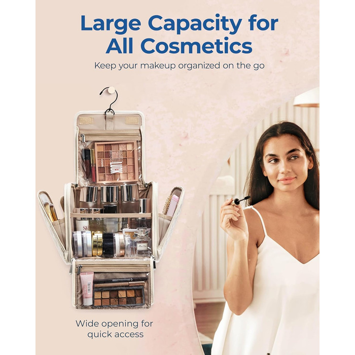 Органайзер для косметики BAGSMART, велика косметичка для жінок, сумочка для туалетних речей, настінна сумочка, косметичка, валізка для косметики (Бежевий)
