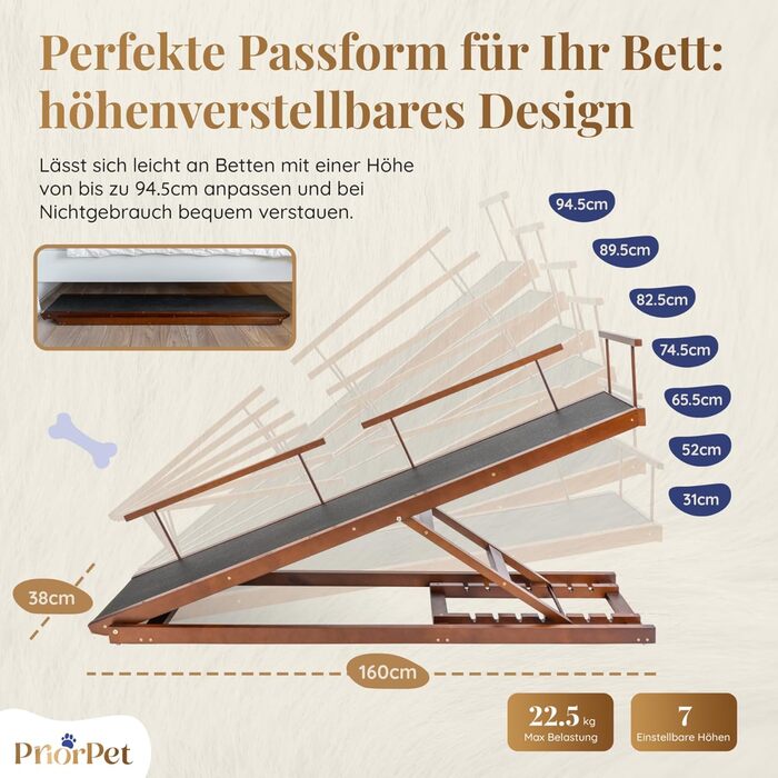 Сходинки для собак PRIORPET з натурального березового дерева з поручнями - регульована висота до 94.5 см - складаються - антиковзні ручки - для собак до 23 кг - колір Walnut