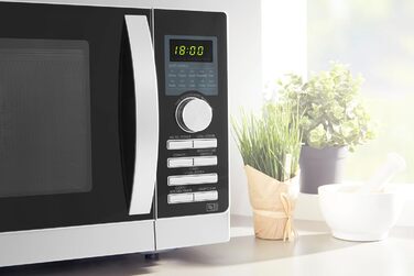 Мікрохвильова піч SHARP 843 INW з грилем та конвекцією – 25 л, 900 Вт, 10 автоматичних програм, камера з нержавіючої сталі, LED-дисплей, блокування від дітей, режим економії енергії, срібно-чорний колір, 4 в 1