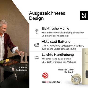 Електричні мельниці для солі та перцю LARS NYSØM 2 шт. з регульованим керамічним м'яйлом (Onyx Black)