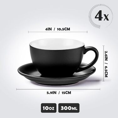 Набір кавових чашок Yundu Cappuccino 4 шт. по 300 мл – керамічні чашки з блюдцями, матова колірна гама, для латте-арту та бариста, великі мока чашки та блюдця (матова чорна)
