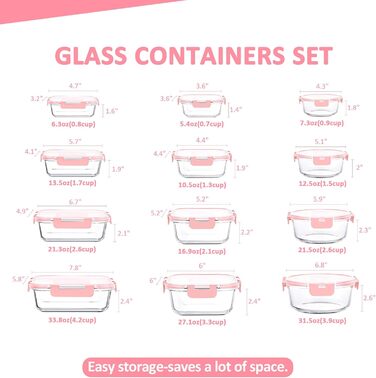 Набір скляних контейнерів Komuee 24 шт. для зберігання продуктів, з кришкою, BPA-free, для мікрохвильової печі та посудомийної машини (рожевий)