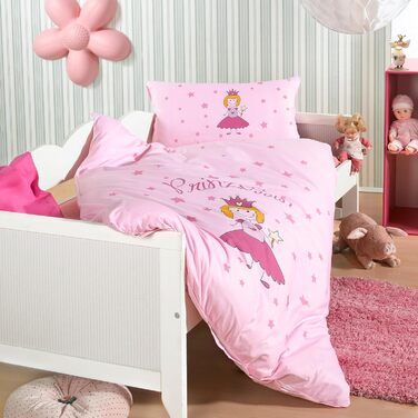 Комплект постільної білизни Kinder для дітей | 100x135 см + 40x60 см | 100% бавовна | Застібка-блискавка | Принцеси та зірки | Рожевий/Рожевий