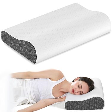 Ергономічна подушка з ефектом пам'яті (Memory Foam) для підтримки шиї та голови, для сну на боці, спині та животі, з дихаючим чохлом, темно-сіра (Charcoal), 61 x 35 x (9/12) см