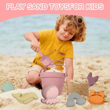 Silicone Sand Toy Set, 10-Piece Silicone Beach Toy Set, Beach Toys for Kids, with Bucket, Shovels, and 8 Sand Molds (Sea Creatures), for Boys and Girls
