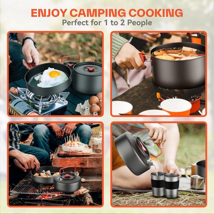 Набір посуду для кемпінгу на 2 особи: каструля, сковорода, чайник, тарілки, чашки, столові прибори (Löffel, Gabeln)