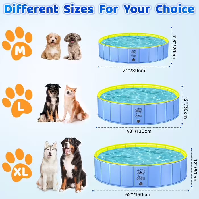 COZII Dog Pool, 160 x 30cm Dog Pool for Large and Small Dogs, Foldable Dog Bathtub, Splash Pool for Children, Portable Dog Pool with Non-Slip PVC and Bath Brush