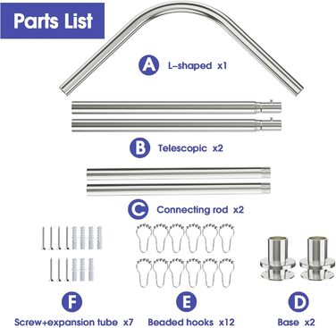 Регульована штанга для душу L-Form, нержавіюча сталь, 68–96 см × 68–96 см, водовідштовхувальна, з 12 кільцями, комплект гвинтів, 90 градусів