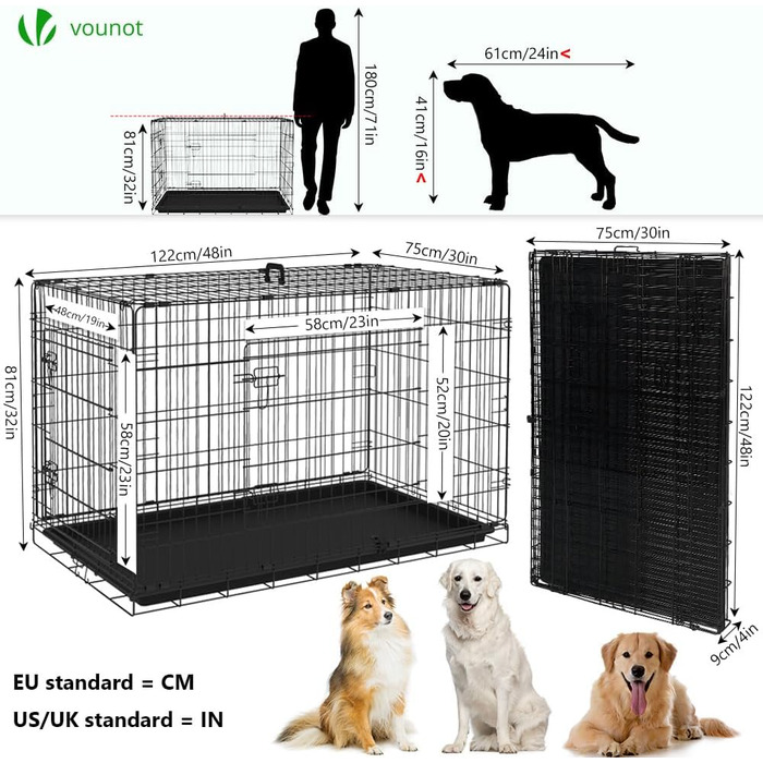 Клітка для собак VOUNOT, розкладний автотранспортний бокс з кришкою, XXL 122x75x81 см, чорна