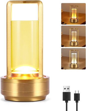 Торшер з торканням, бездротова LED лампа в стилі вінтаж, USB-зарядка, 3 кольори, регулювання яскравості, для спальні, офісу, вітальні, декор, подарунок (золотий)