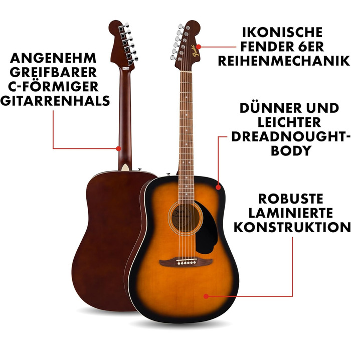 Акустична гітара Fender FA-25 Dreadnought з палісандровим гриф, 2-тонний Sunburst, Redondo California Debut
