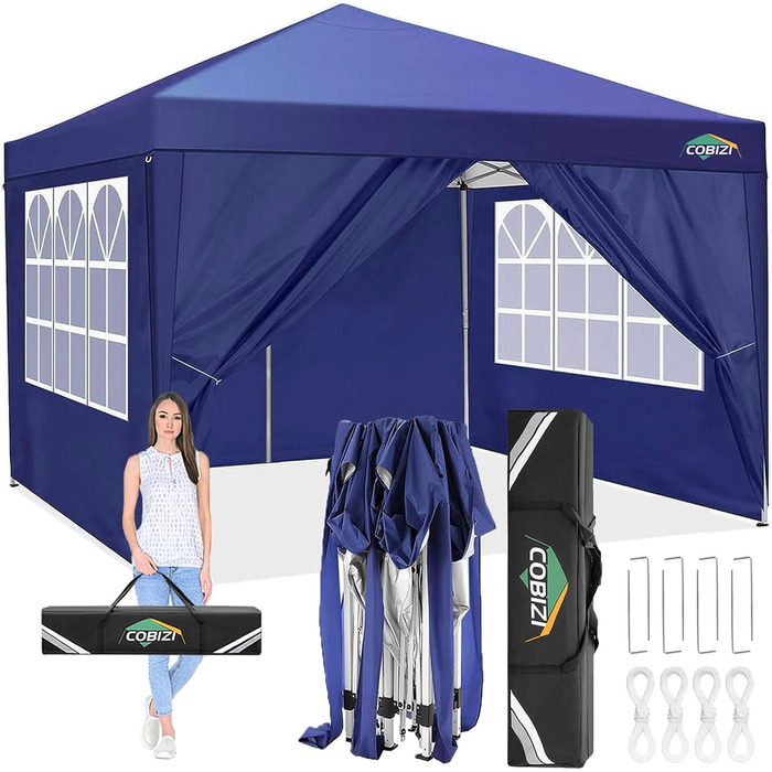 COBIZI Pavilion 3x3 Waterproof Folding Pavilion with 4 Side Panels Outdoor Folding Pavilion Stable UV Protection 50+ Pop-Up Garden Pavilion Party Tent for Outdoors, Garden, Party, Wedding, Market (3x3m Navy Blue)