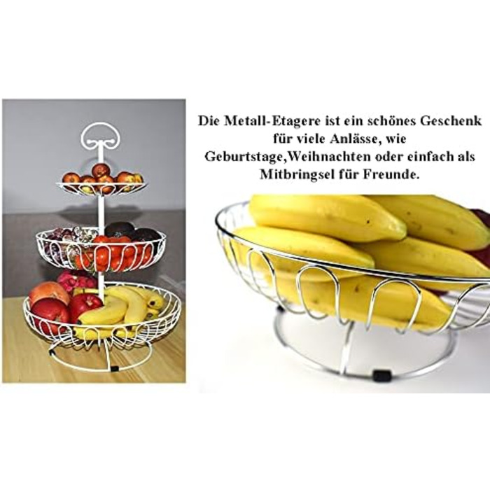 Металевий кошик для фруктів та овочів з ручкою для кухні/балкону, 3 яруси, великий, з нержавіючої сталі, з 360° циркуляцією повітря (чорний, 45 см висота, Ø30-24-16.5 см)