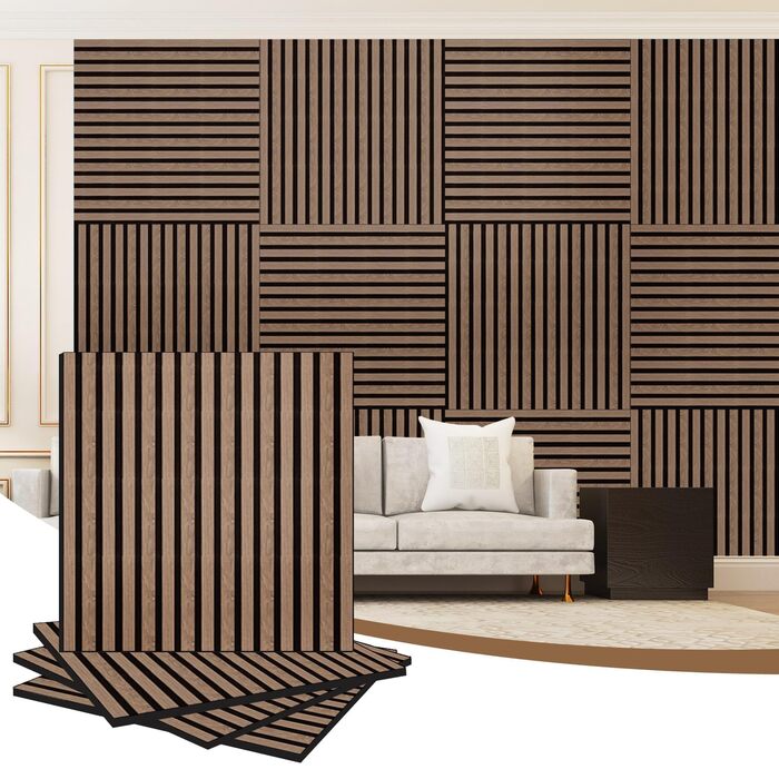Акустичні 3D-панелі з дерева AKK-PANE (60x60 см, 4 шт, 1.44м²) для стін у вітальню, офіс та кухню, звукопоглинаючі еко-панелі, колір: копчений дуб 5#