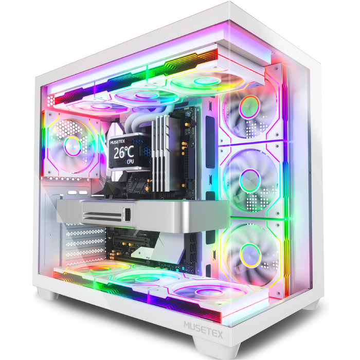 Ігровий корпус для ПК Musetex Y6 ATX Mid Tower, 7 ARGB PWM вентиляторів Infinity Mirror, панорамне загартоване скло 270°, USB Type-C, Білий