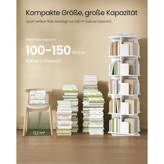 Обертова книжкова шафа EUGAD, 4 рівні, МДФ, 360°, стелаж-розділювач для кімнати, офісний декор, 39,5x128x39,5 см, білий