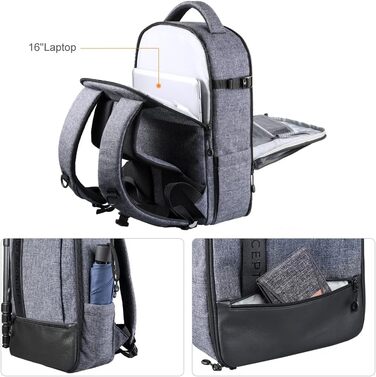 Рюкзак для камери K&F Concept 18L сірий/чорний з відділенням для ноутбука 15.6 дюймів, водонепроникний, для DSLR/штатива/аксесуарів
