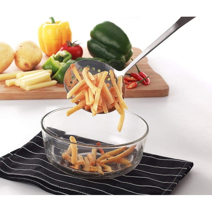 Skimmer Spoon/Strainer Ladle - Stainless Steel - with Sanding Handle - Perforated Style for Kitchen Food - by Cenka (13.2-inch) by CENKA