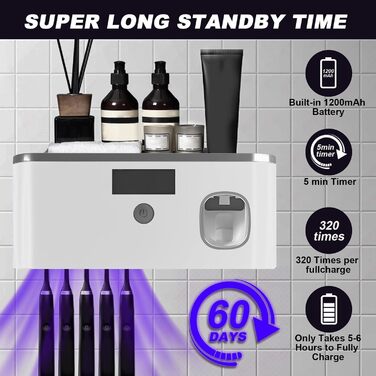 Електричний тримач зубних щіток з дозатором пасти, UV-дезінфекція, настінний монтаж, 2 способи зарядки (золотий/чорний)