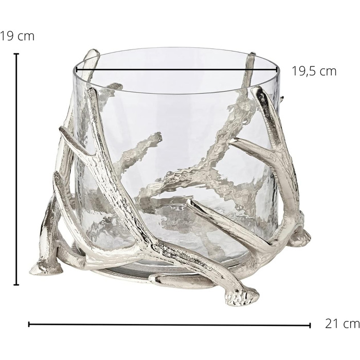 EDZARD Hurricane Candle Holder Kingston, Deer Antler Design, Silver, Nickel-Plated Aluminum, with Glass, Height 13 cm, Diameter 15 cm (Height 20 cm, Diameter 25 cm)