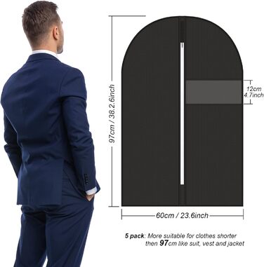 Чохли для одягу 5 шт. 60x140 см, дихаючий матеріал, з блискавкою, для костюмів, пальто, сорочок