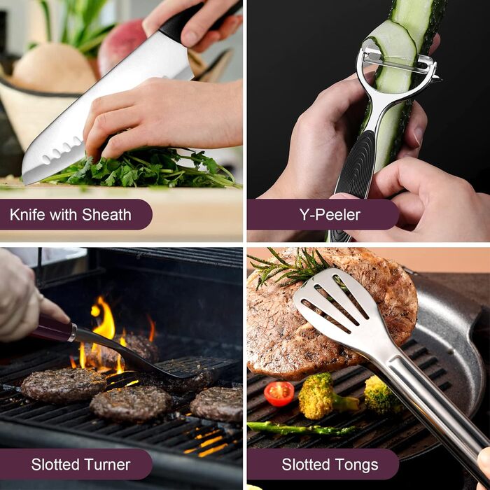 Odoland Kitchen Helper Set, Kitchen Gadget Set, Outdoor Cookware Set with Santoku Knife, Kitchen Scissors, Spatula, Tongs, Ladle, Cutting Boards - Ideal for Picnics, Travel, Hiking, and Gardening