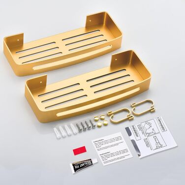 Shower Shelf No Drilling, Shower Rack Champagne Gold Bathroom Organizer with Hooks Wall Shelf for Bathroom Shower Basket, Bathroom Shelf for Toilet, Laundry Room and Shower Room, Aluminum Bathroom Shelf (2 Pack)