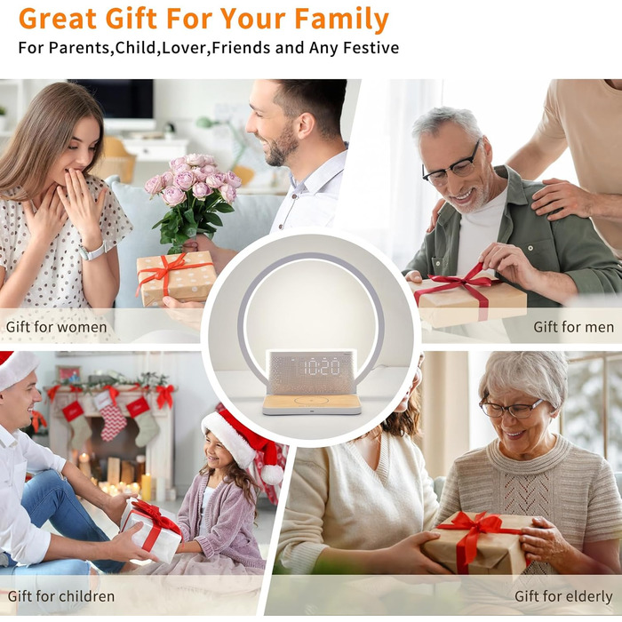 Нічна лампа RETEYUNG з бездротовою зарядкою 10W, 2 будильники, денний світловий будильник, 10 заспокійливих звуків, сенсорне регулювання яскравості (3 рівні), стиль арт-деко