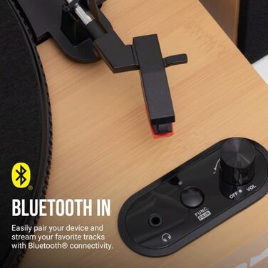 Програвач вінілу JAM з колонками Bluetooth – дерев'яний програвач пластинок з вбудованими колонками, 3 швидкості, пилозахисний ковпак, попередньо налаштований тонарм, засіб для чищення вінілу в комплекті, чорний