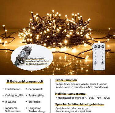 Ланцюжок прикрас MAGGIFT 20м 200 LED з вилкою/пультом/таймером/диммуванням, вологостійкий, тепле біле світло, для прикраси ялинки та декору, зовнішнє використання
