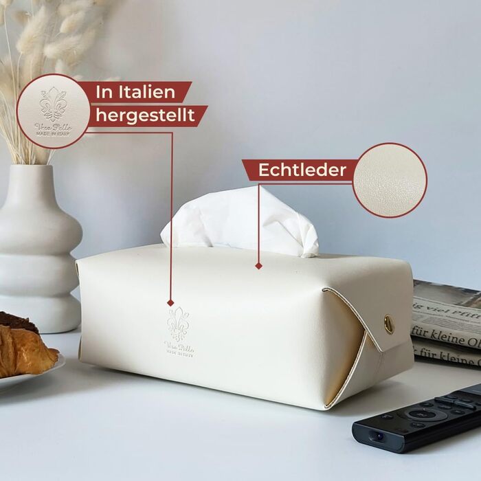 Genuine Leather Cosmetic Tissue Box, Handmade, Made in Italy, perfect for living rooms, bathrooms, kitchens, and office/study (Beige)