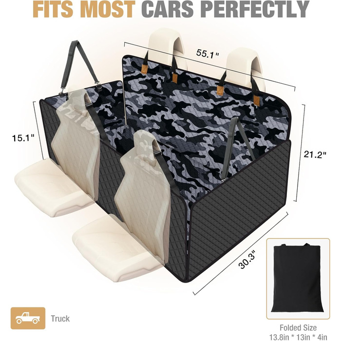 Накладка на сидіння автомобіля для собак Lekeinchi - водовідштовхувальна, стійка до подряпин, з 6 дерев'яними планками та ременями безпеки (140x77 см, камуфляж)