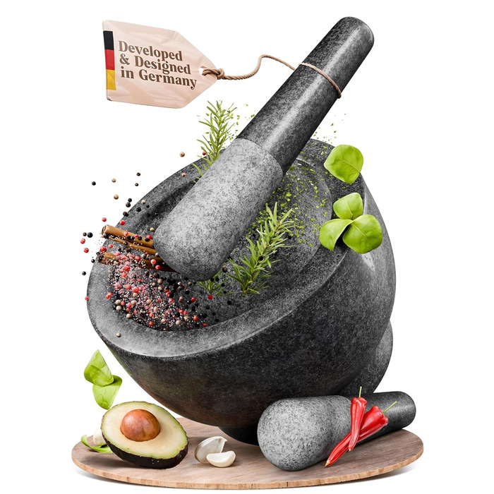 Набір ступки та пестика ChefSofi, 20.3 см, 5 порцій, чорний полірований, великий розмір