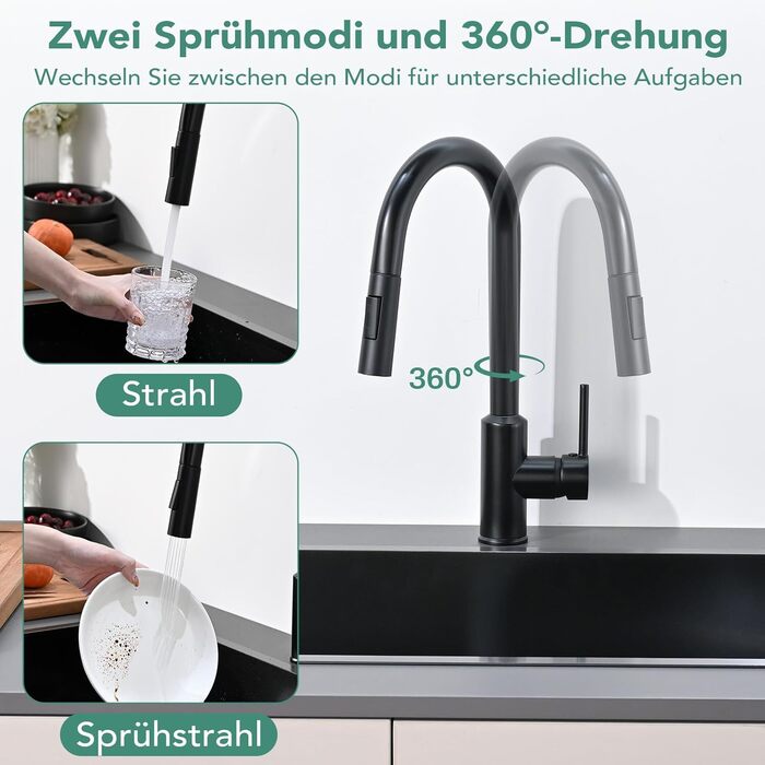 Змішувач кухонний з висувною лійкою та душем, 360° поворот, 2 режими, нержавіюча сталь, чорний