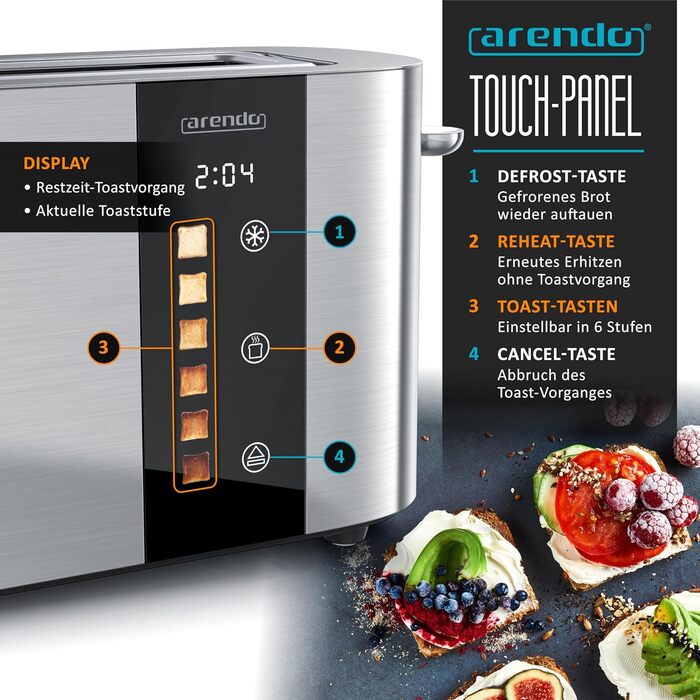Тостер Arendo з нержавіючої сталі, 2 відділення, довгий проріз, сенсорний екран, подвійні стінки, насадка для бургерів, 6 рівнів підсмажування, центрування хліба, індикатор часу, функція пам'яті, чорний (C: Steelsilver)