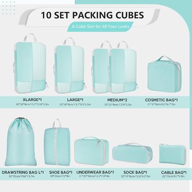 Органайзер для валізи Avmvnvc, 10-Piece Packing Cubes для одягу, компресійні мішечки для пакування, органайзер для валізи з косметичкою, туристичний органайзер для рюкзака та валізи, чорний (синій)