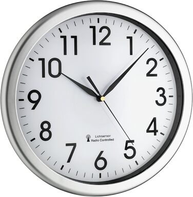 TFA Dostmann Analog Radio Wall Clock, 60.3519.02, with green backlight, quiet movement, radio clock plastic, silver, L 308 x W 43 x H 308 mm