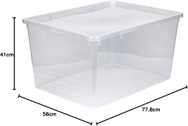 Kreher XXL Storage Box with Lid made of Plastic in Transparent. Holds approximately 135 liters. Dimensions approximately 78 x 56 x 41 H cm.