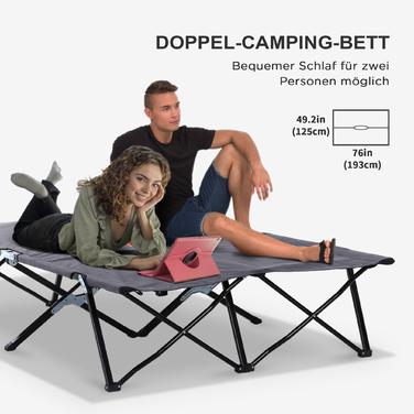 Outsunny Folding Camping Bed for 2 People, Folding Field Bed with Carry Bag, Weight Capacity up to 136 kg, Steel, Oxford Grey, 193 x 125 x 40 cm | Aosom