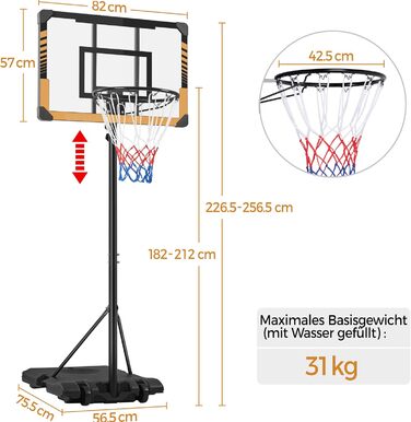 Yaheetech Adjustable Height Basketball Stand with Wheels - Mobile Basketball Hoop, Water/Sand Fillable, Indoor/Outdoor Basketball System - 226.5cm - 256.5cm